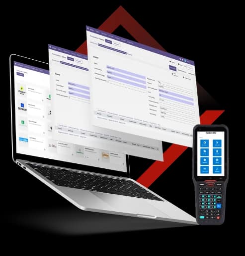 Gextia en acción: portátil con el escritorio del ERP, fichas de producto y PDA de almacén